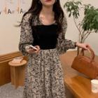 Long-sleeve Knit Panel Floral Print Midi A-line Dress White - One Size