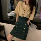 Short-sleeve Blouse / High-waist Button A-line Skirt