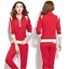 Set: Long-sleeve Contrast-color Top + Contrast-stripe Pants