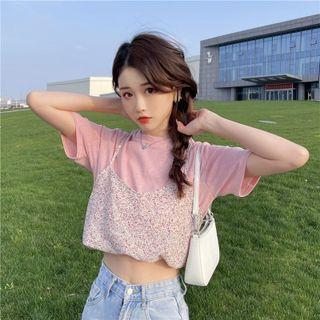 Mock Two-piece Short-sleeve Floral Print Cropped T-shirt