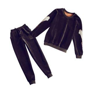 Set: Embroidered Velvet Long-sleeve Sweatshirt + Sweatpants