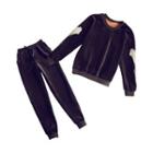 Set: Embroidered Velvet Long-sleeve Sweatshirt + Sweatpants