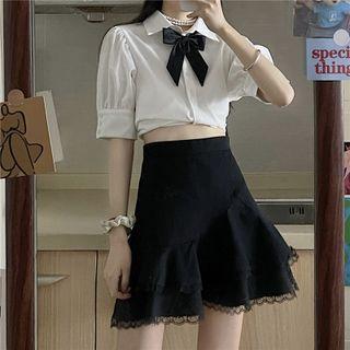 Short-sleeve Top / Sleeveless Plaid Top / Bow / Skirt / Set