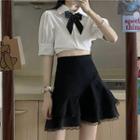 Short-sleeve Top / Sleeveless Plaid Top / Bow / Skirt / Set