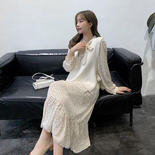 Long-sleeve Midi Dotted Chiffon Dress / Knit Vest