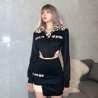 Set: Long-sleeve Leopard Trim Top + Skirt