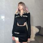 Set: Long-sleeve Leopard Trim Top + Skirt