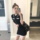 Set: Color-block Short-sleeve Knit Top + Pencil Skirt