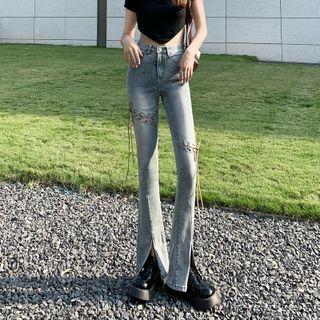 High Waist Lace-up Slit-hem Bootcut Jeans