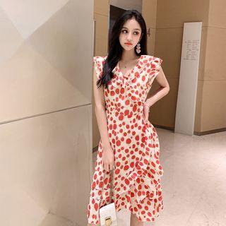 Short-sleeve Ruffle-trim Dotted Chiffon Dress