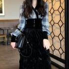 Set: Long-sleeve Plaid V-neck Top + Midi A-line Skirt