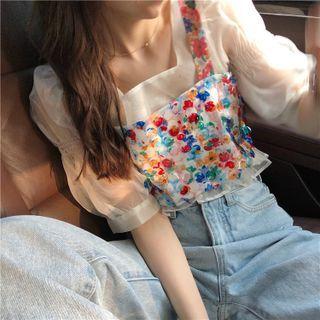 Short-sleeve Mesh Blouse / Floral Sequined Camisole Top / Set