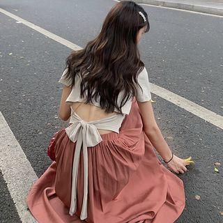 Open Back Tie Waist T-shirt / High-waist Plain Skirt