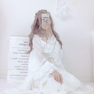 Frill-trim Open-front Jacket / Spaghetti Strap Star Midi A-line Dress
