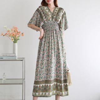 Smocked-trim Patterned Maxi Dress