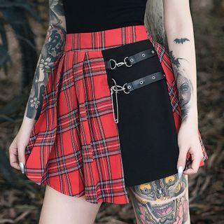 High Waist Plaid Panel Buckled Mini A-line Skirt