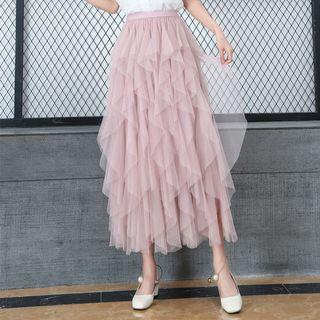 Ruffle A-line Midi Mesh Skirt