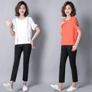 Set: Short-sleeve Embroidered T-shirt + Straight-cut Pants