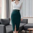 Set: Long-sleeve Open-collar Blouse + Slit Midi Fitted Skirt