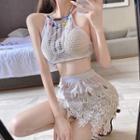 Halter Open-knit Cropped Top / Knit Mini Skirt