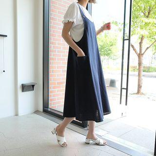 Patch-pocket Flared Midi Overall Dress