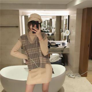 Check Knit Vest / Plain Turtleneck Long-sleeve Slim-fit Knit Dress