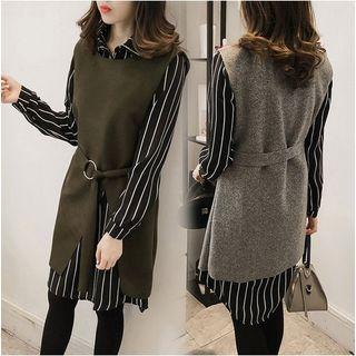 Set: Long Vest + Long-sleeve Striped Mini Dress