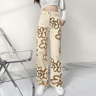 Flower Pattern High Waist Straight Leg Pants