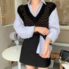 Long-sleeve Striped Shirt / Knit Vest / Mini A-line Skirt