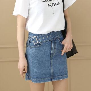 Belted A-line Mini Denim Skirt