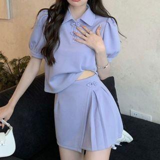 Puff-sleeve Collar T-shirt / Mini A-line Skirt