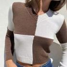 Checkered Cropped Sweater Coffee & White - One Size