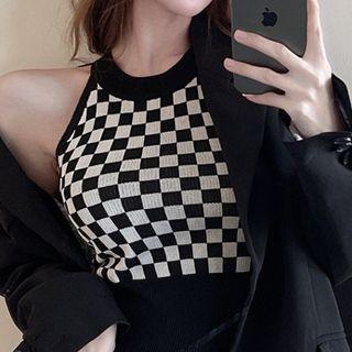 Halter Check Knit Camisole Top Check - Black & White - One Size