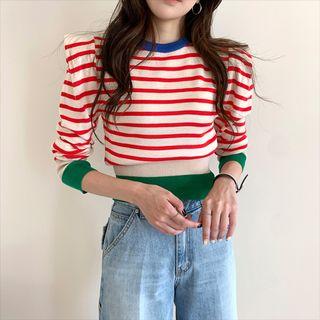Contrast Trim Puff-sleeve Striped Top