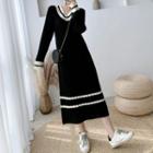 Contrast Trim Midi A-line Sweater Dress Black - One Size