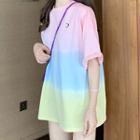 Elbow-sleeve Moon Embroidered Gradient T-shirt Rainbow - One Size