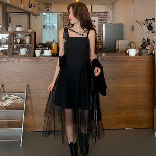 Shirt / Spaghetti Strap Mesh Overlay Dress