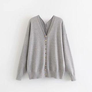 V-neck Knit Cardigan Gray - One Size