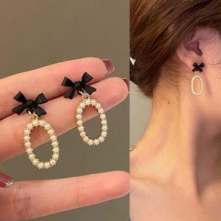 Bow Faux Pearl Oval Dangle Earring