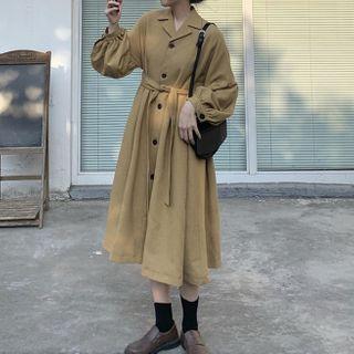 Lapel Tie Waist A-line Midi Dress