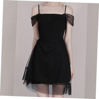 Cutout Shoulder Mesh Overlay Mini Dress