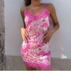 Spaghetti Strap Floral Print Lace Panel Mini Dress