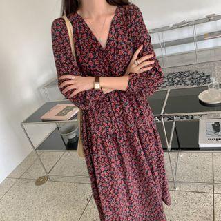 Long-sleeve Floral Print Midi Smock Dress Red - One Size