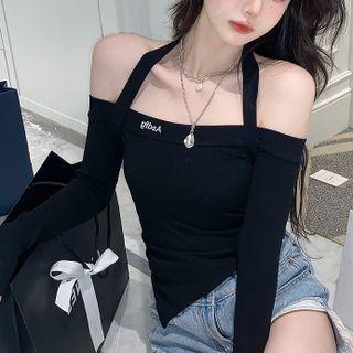 Long-sleeve Off-shoulder Lettering Irregular Top