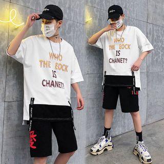 Set: Color Block Lettering Short-sleeve T-shirt + Printed Drawstring Shorts