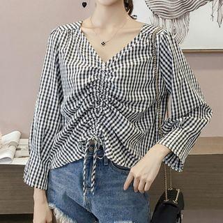 Long-sleeve Gingham Drawstring Top