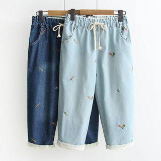 Drawstring Embroidery Tapered Jeans