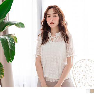 Lace-up Ruffled Lace Short-sleeve Top