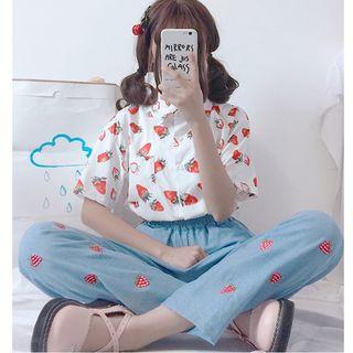 Strawberry Short-sleeve Blouse / Embroidered Jeans