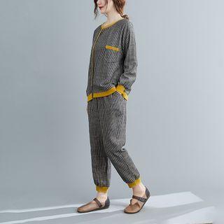 Set: Long-sleeve Contrast Trim Striped Top + Harem Pants